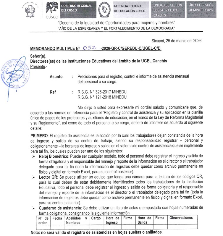 Precisiones para el registro, control e informe de asistencia mensual del personal a su cargo.